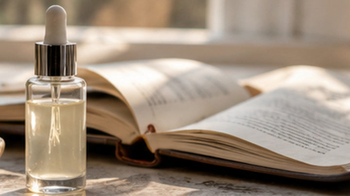 Sérum transparente junto a un libro abierto con luz natural