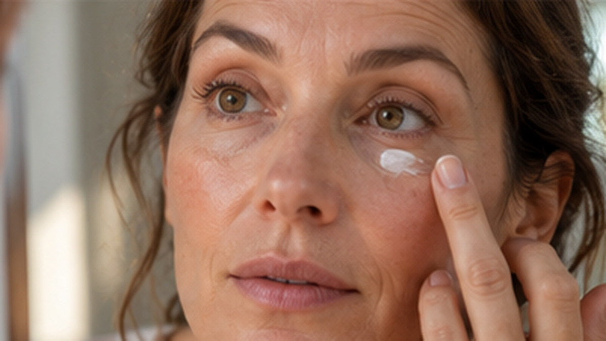Mujer de aspecto natural aplicándose crema en el contorno del ojo