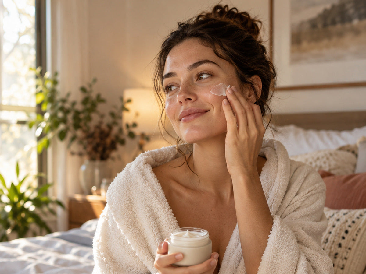 Mujer aplicando crema de cuidado facial, rostro completo en un dormitorio luminoso